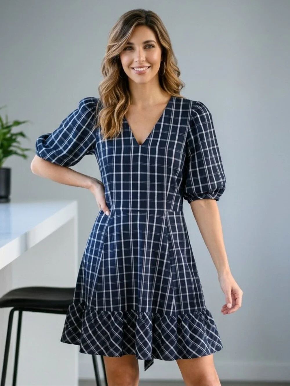 Calvin Klein Navy Belted Windowpane Plaid Gauze Dress Puff Sleeve Pockets 12